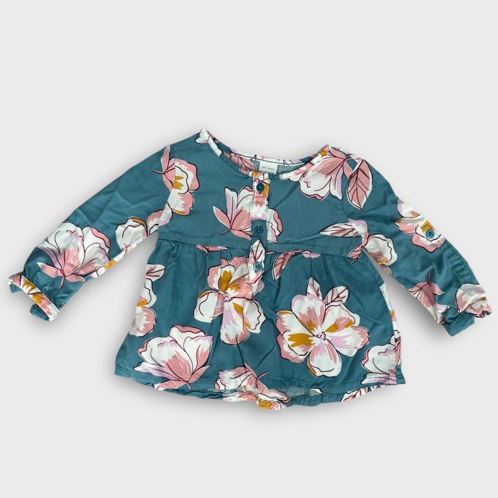 Carter's Blue and Pink Floral Blouse with Ruffled Sleeves